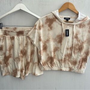 EXPESS 2 Piece Set Hoodie & Shorts Lounge Casual Cream/Brown Tie Dye XS NWT